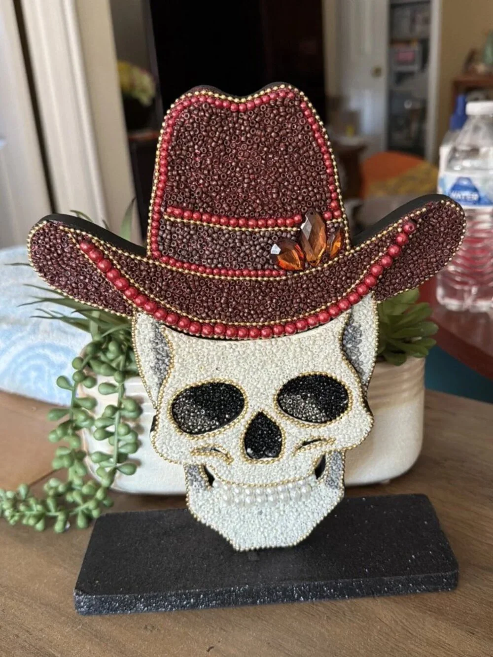 Embellished Beaded Skull Wearing A Cowboy Hat - Tabletop Figurine - India